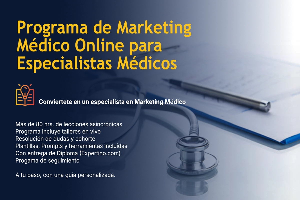 Afiche del Programa de Marketing Médico Online para Especialistas Médicos, con el detalle de lo que incluye.