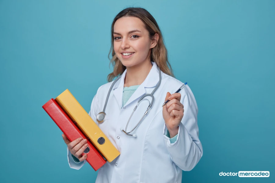 Médica joven con bata blanca sosteniendo carpetas y un bolígrafo sobre fondo celeste