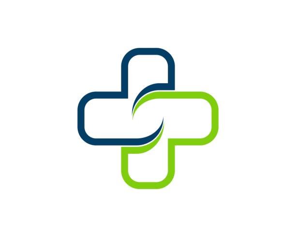 Cruz médica formada por dos trazos entrelazados, uno azul y uno verde