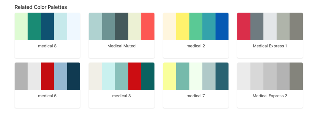 Ocho paletas de color etiquetadas como «medical» en una herramienta de diseño: casi todas combinan azules, verdes y grises