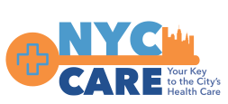 Logotipo de NYC Care, que se sale de la gama azul habitual del sector salud