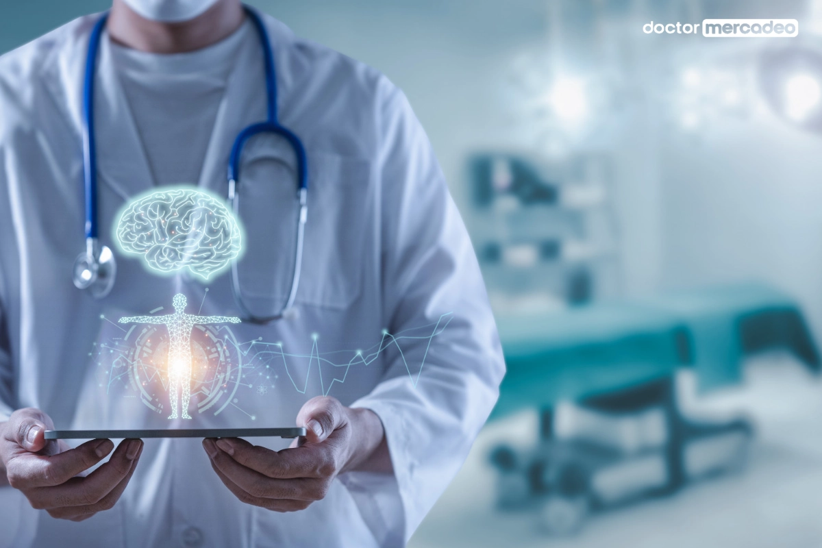 Médico interactuando con una interfaz de inteligencia artificial en un entorno clínico