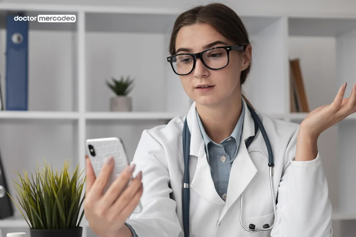 Médica revisando con desconcierto los mensajes acumulados de pacientes en su teléfono